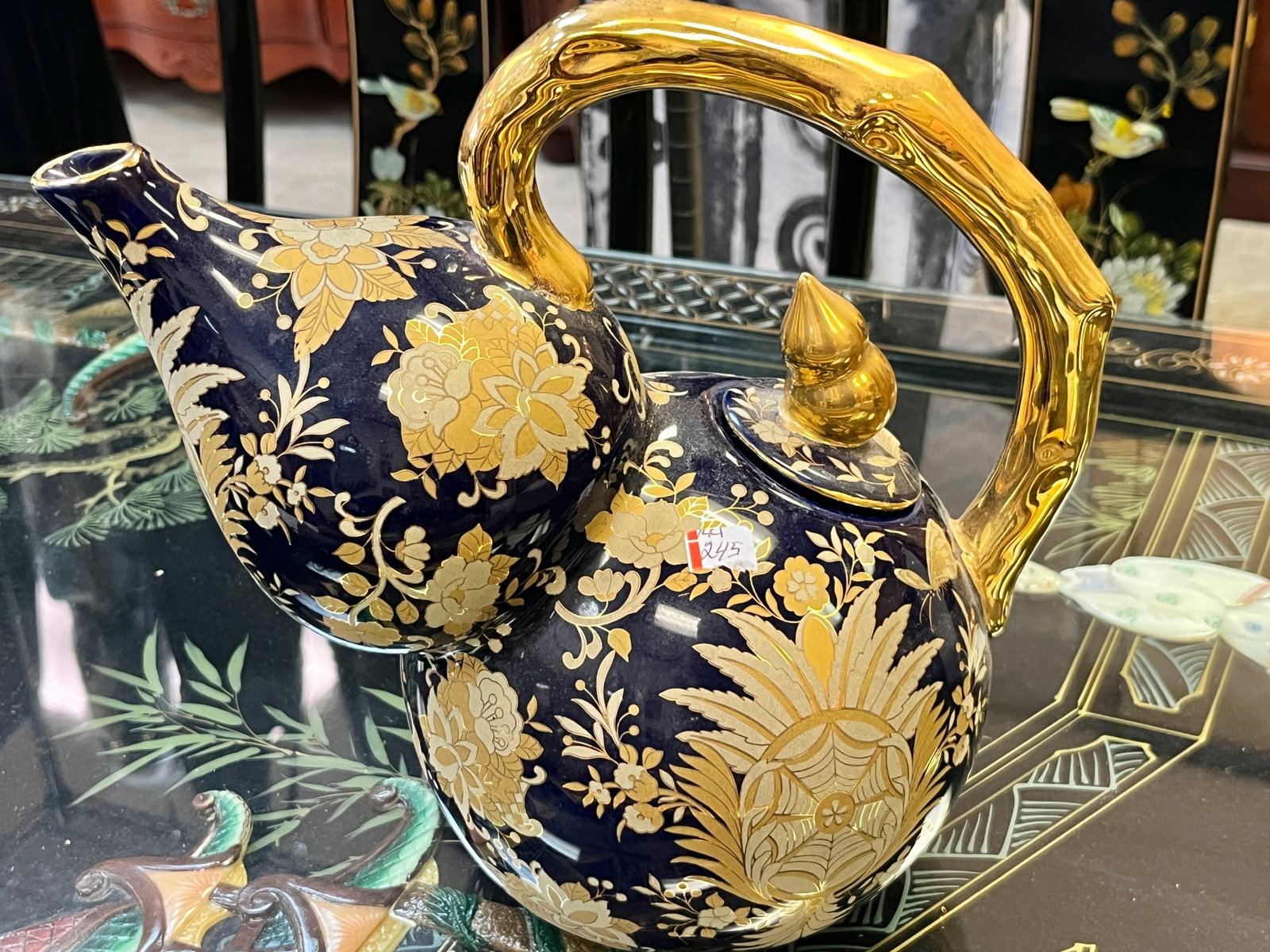 Cobalt/Gold Tea Pot: Cobalt/Gold Floral Tea Pot, 11x10x7