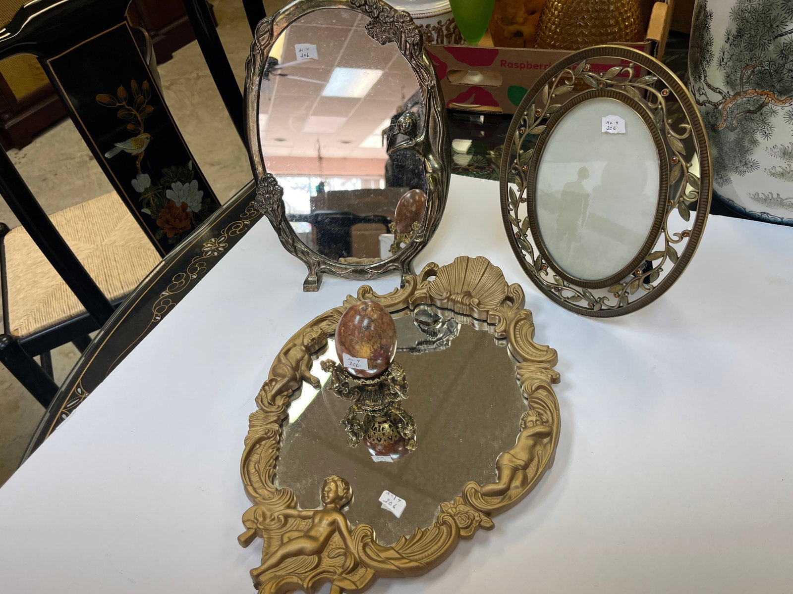 4-Dresser Items (mirrors/pic frame, plus): 4-Dresser Items (2-mirrors/pic. frame/marble egg on cherub base)