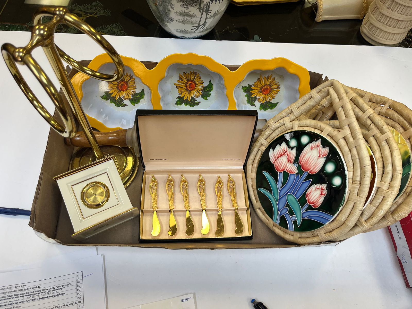Box Lot (lenox clock/hot pads/gld.knives) (1 of 4)