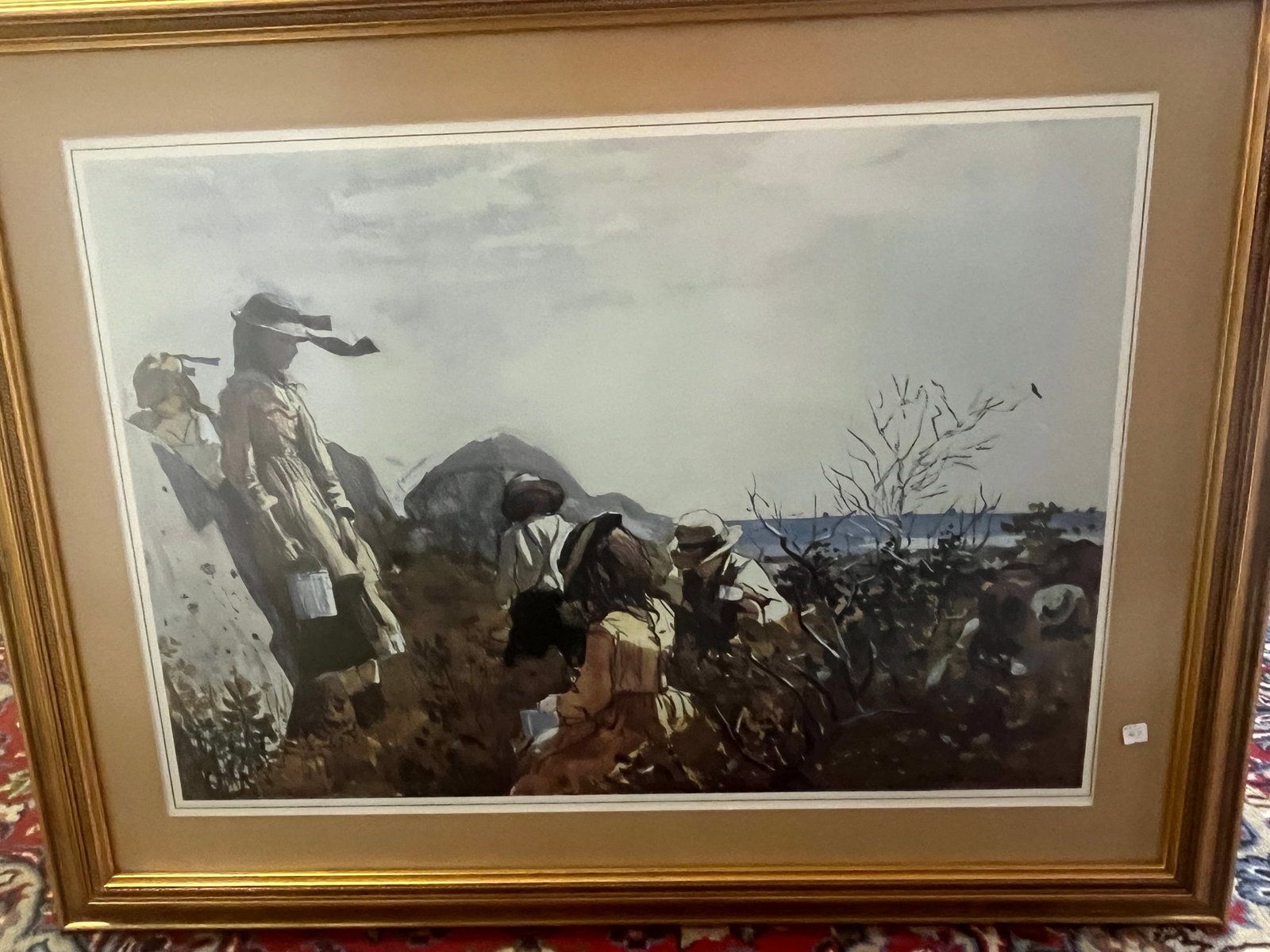 Gold Frame, Print 'Children Picking Berries': Gold Frame 28x36, Print 'Children Picking Berries' signed LR Homer 1893