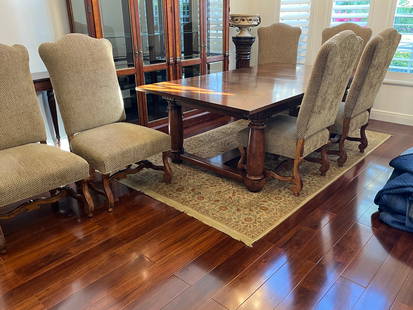 Century Furn, Dining Rm.Table/Chairs: Century Furniture Parquet Inlaid Top Dining Room Table 88x48 with 2-Leafs 25x48ea/6-Chairs