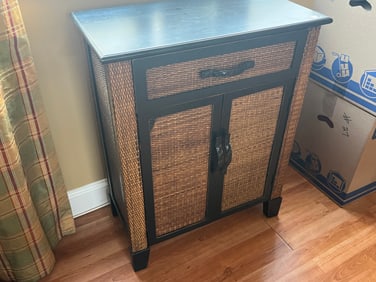 Blk. Wood Rattan Cabinet