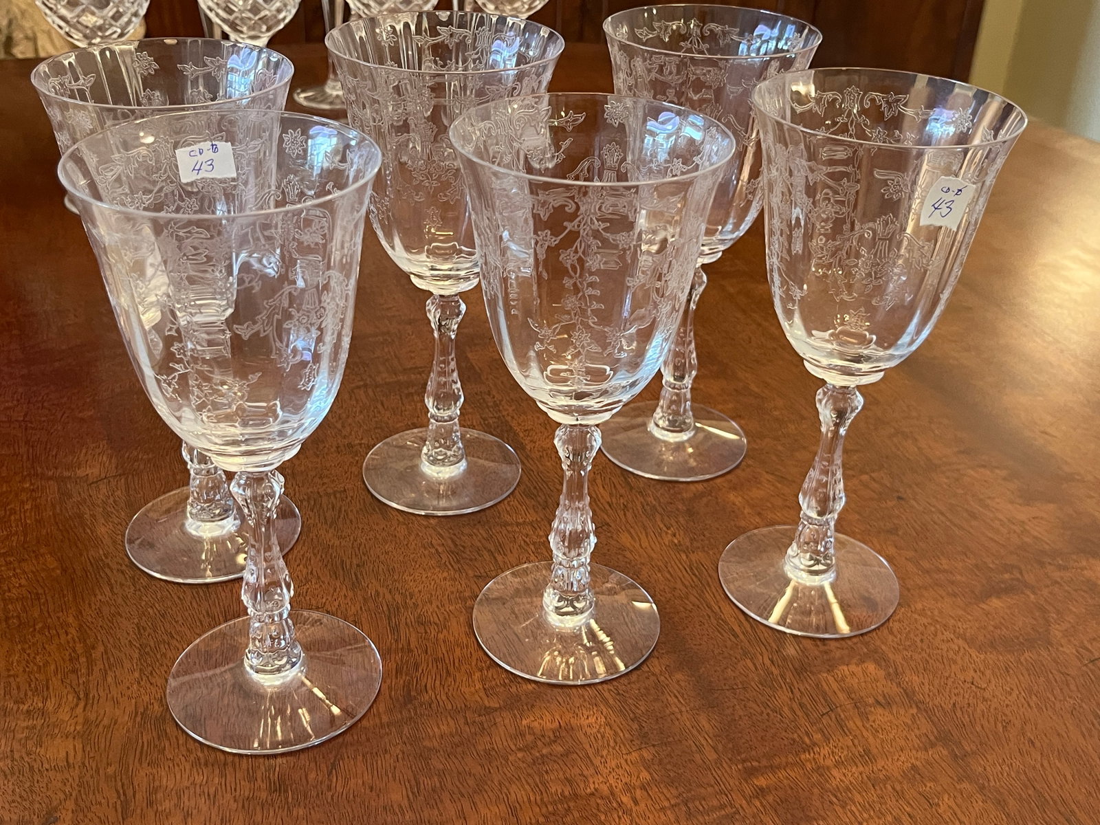 6-VTG Fostoria Water/Wine Glasses: (6) Vintage Fostoria Navarre Clear Water Goblet Wine Glass Stemmed Etched Optic Panel Scroll Floral