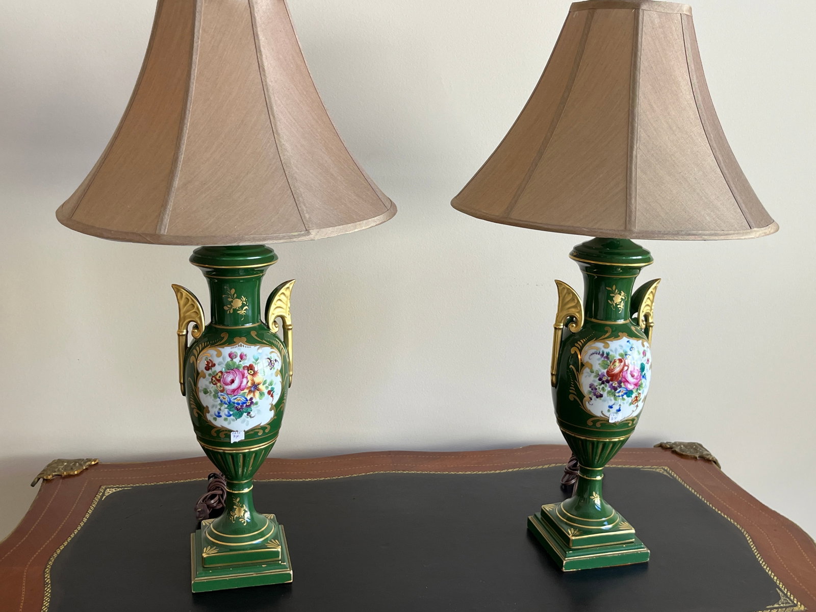 Pr.Mid Cent. Green/Gold Lamps: Pair Mid-Century French Green/Gold Lamps, 31"h
