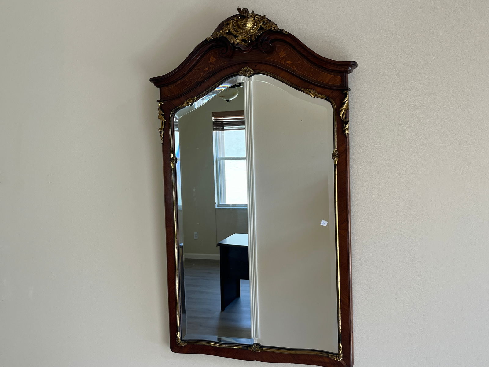 VTG French laid Mahogany Wall Mirror w/Ormolu: VTG French Inlaid Mahogany Wall Mirror with attached Ormolu, 42h x 25w