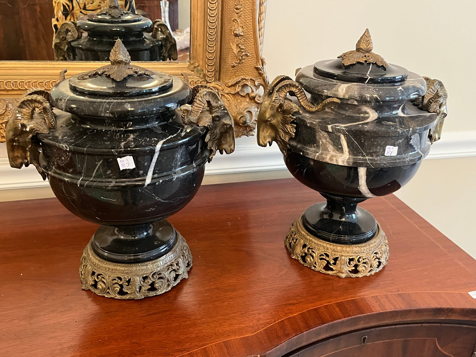 Pr.Neoclassical Blk.Marble Ram Head Urns (1 of 6)