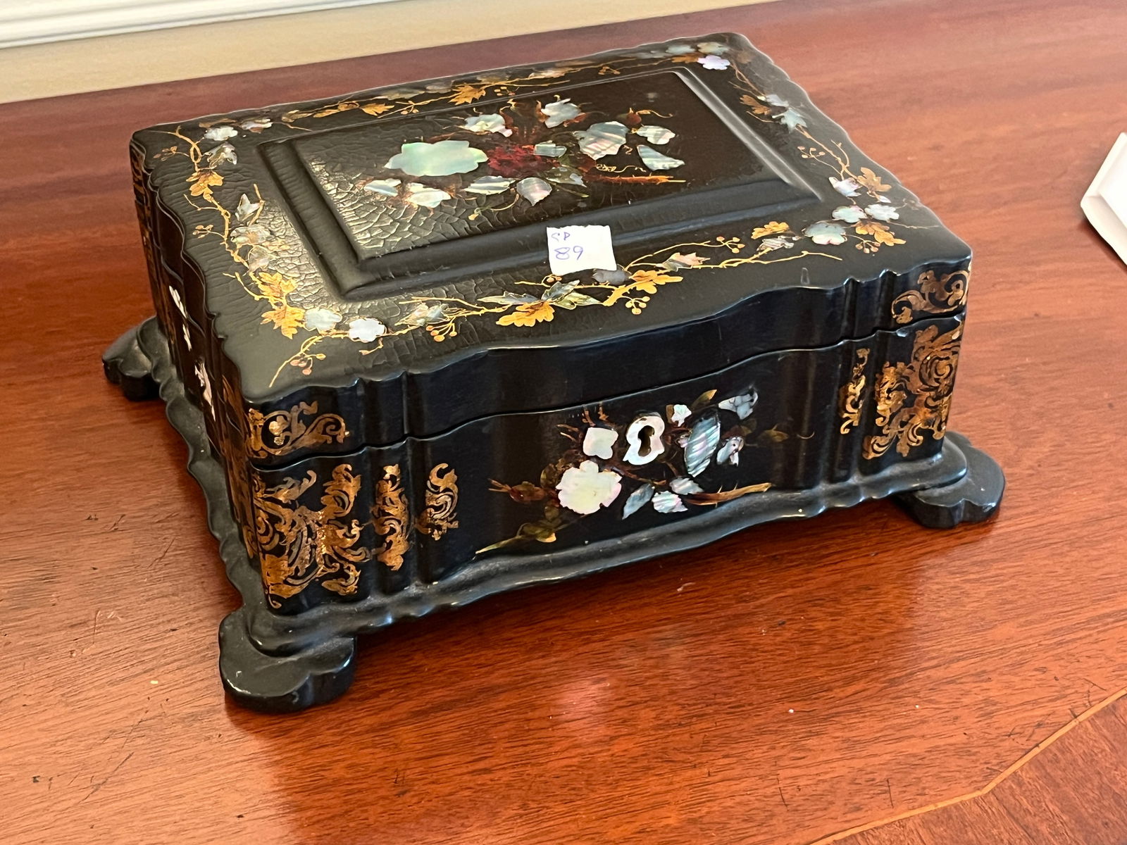 Victorian Blk. Bx w/MOP Inlaid Paper-mache Box (1 of 4)
