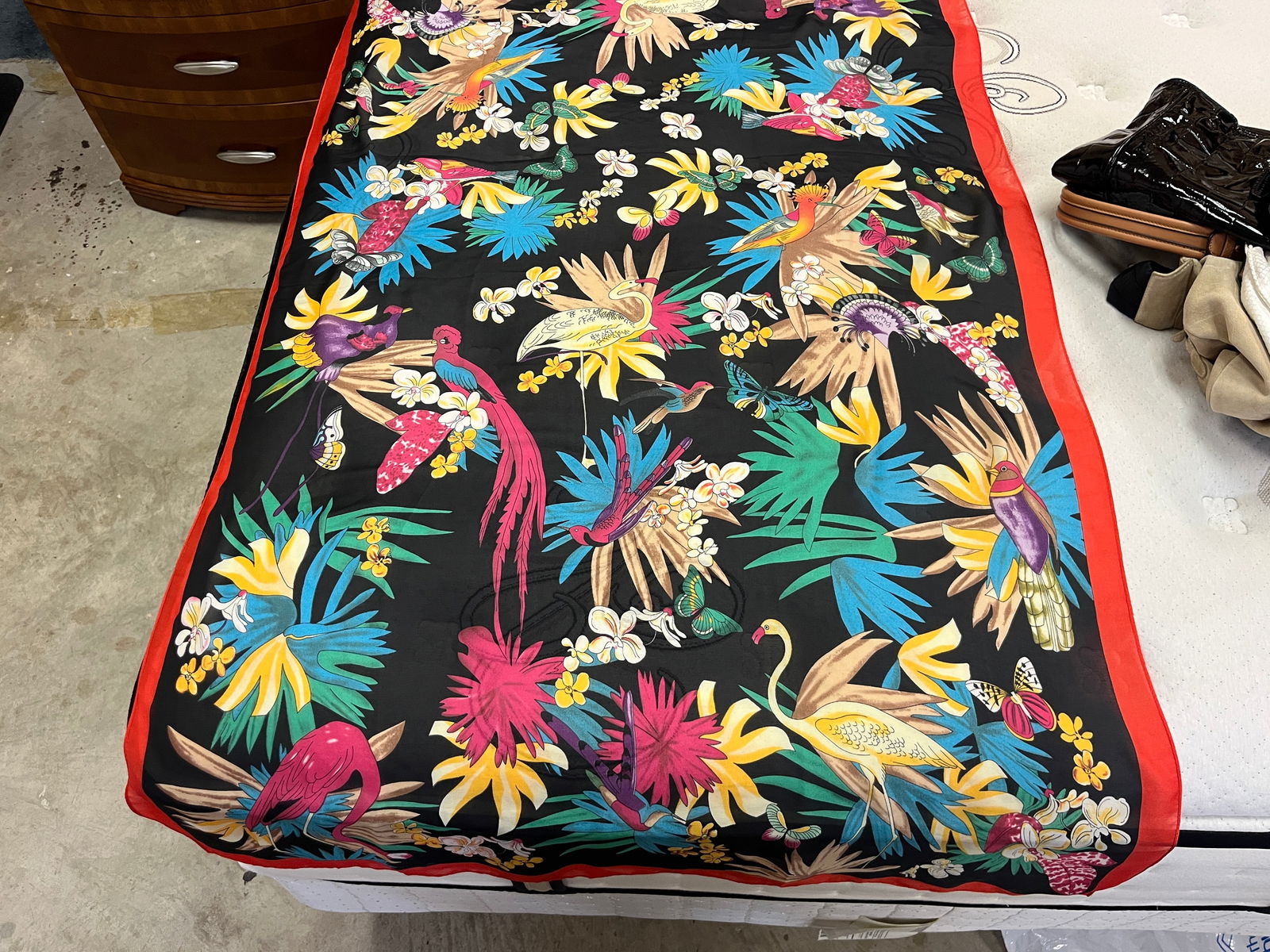 Silk Scarf: Flamingo Bird-Butterflies Tropical Floral Print 100% Silk Scarf