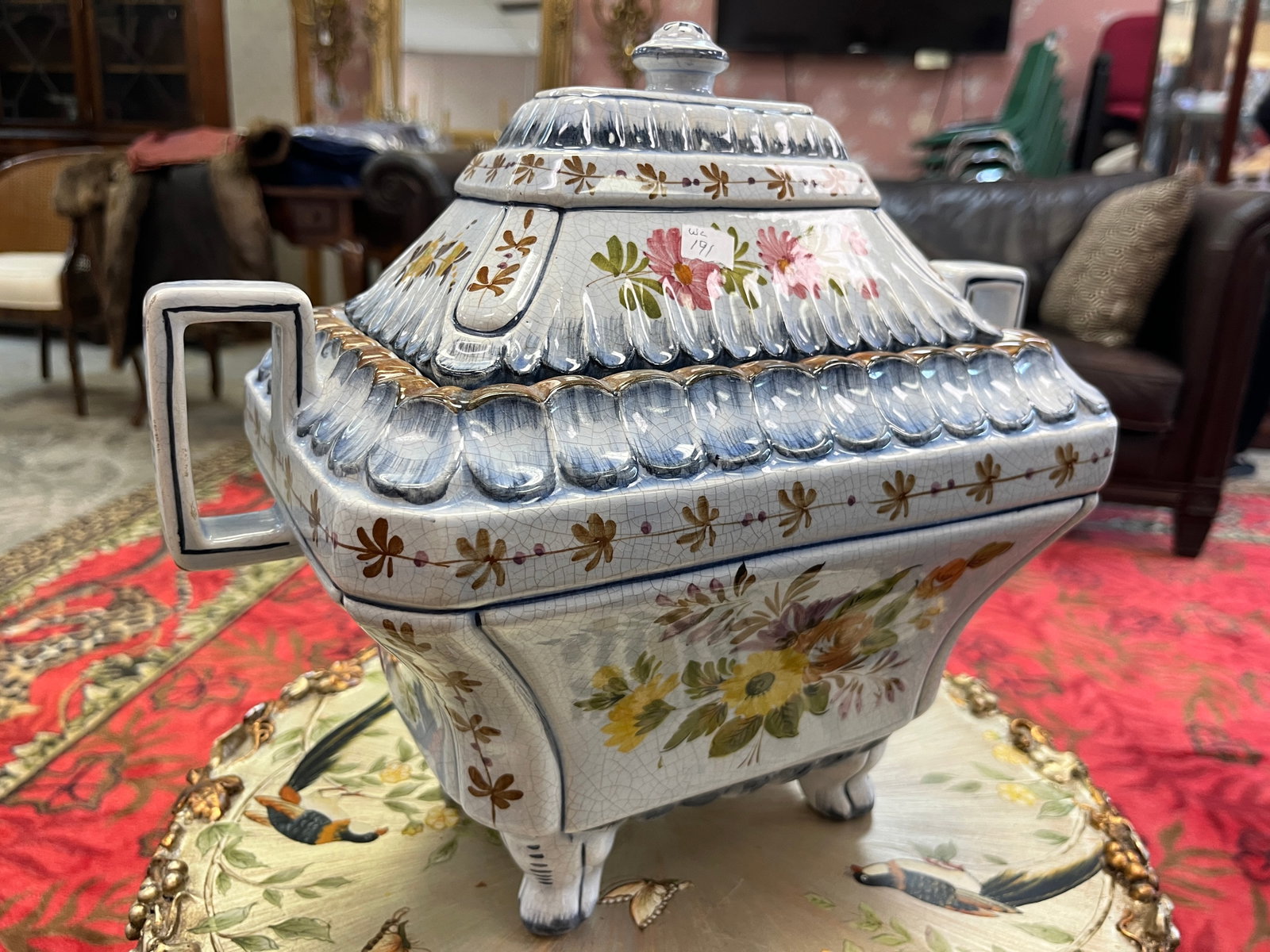 Floral Blue Tureen: Footed Floral Tureen, 11.5h x 13w x 8d