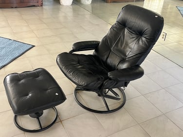 Black Leather Chair with Ottoman