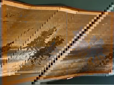 4-Panel Chinese Folding Wall Mount Screen on Gold Paper Depicting Chinese Warriors, 71x42