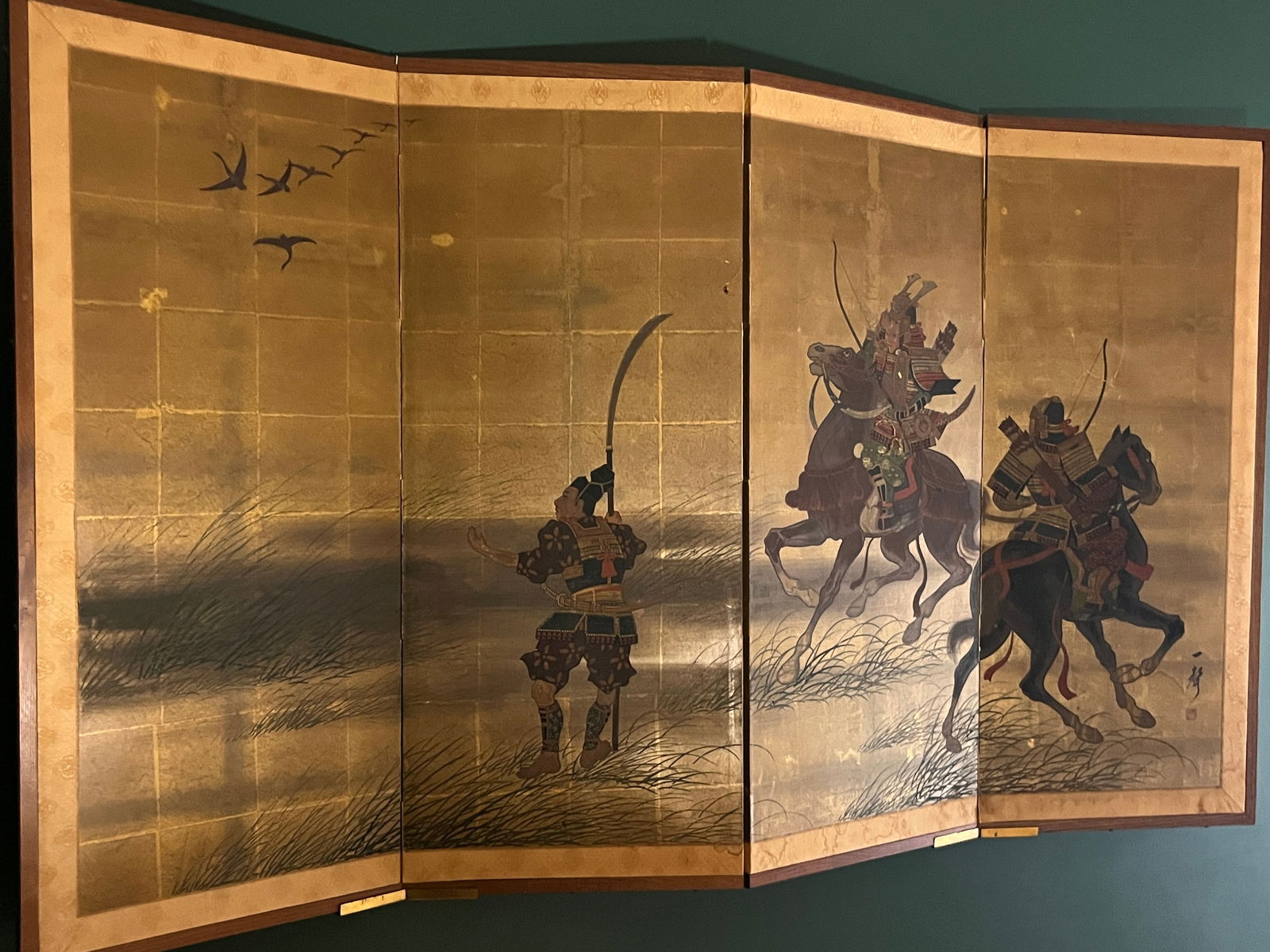 4-Panel Chinese Folding Wall Mount Screen on Gold Paper Depicting Chinese Warriors, 71x42 (1 of 4)