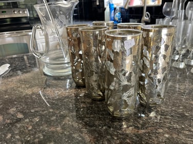 6-Silver Overlay 7"h Glass plus Etched Glass Pitcher