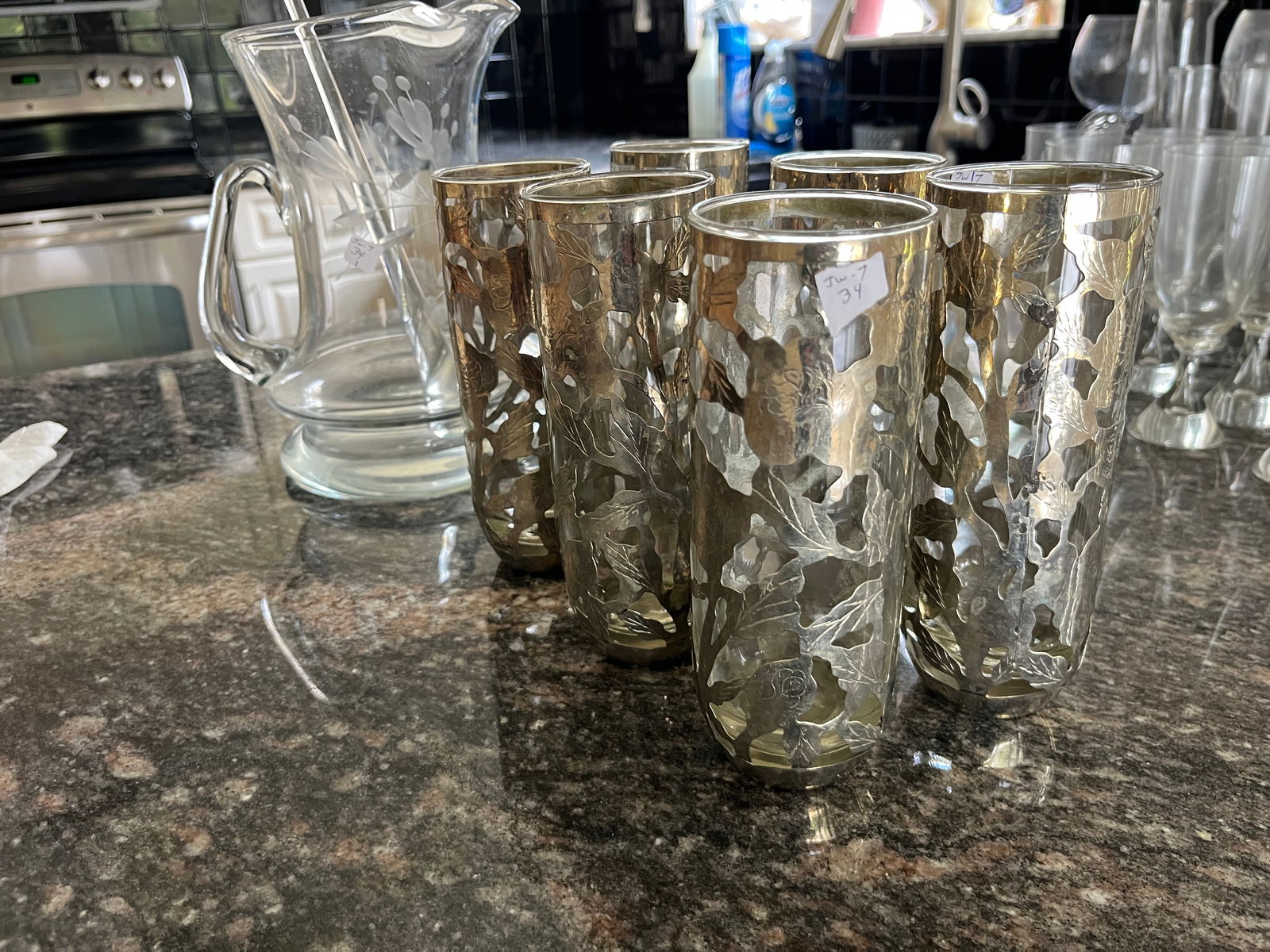 6-Silver Overlay 7"h Glass plus Etched Glass Pitcher (1 of 3)