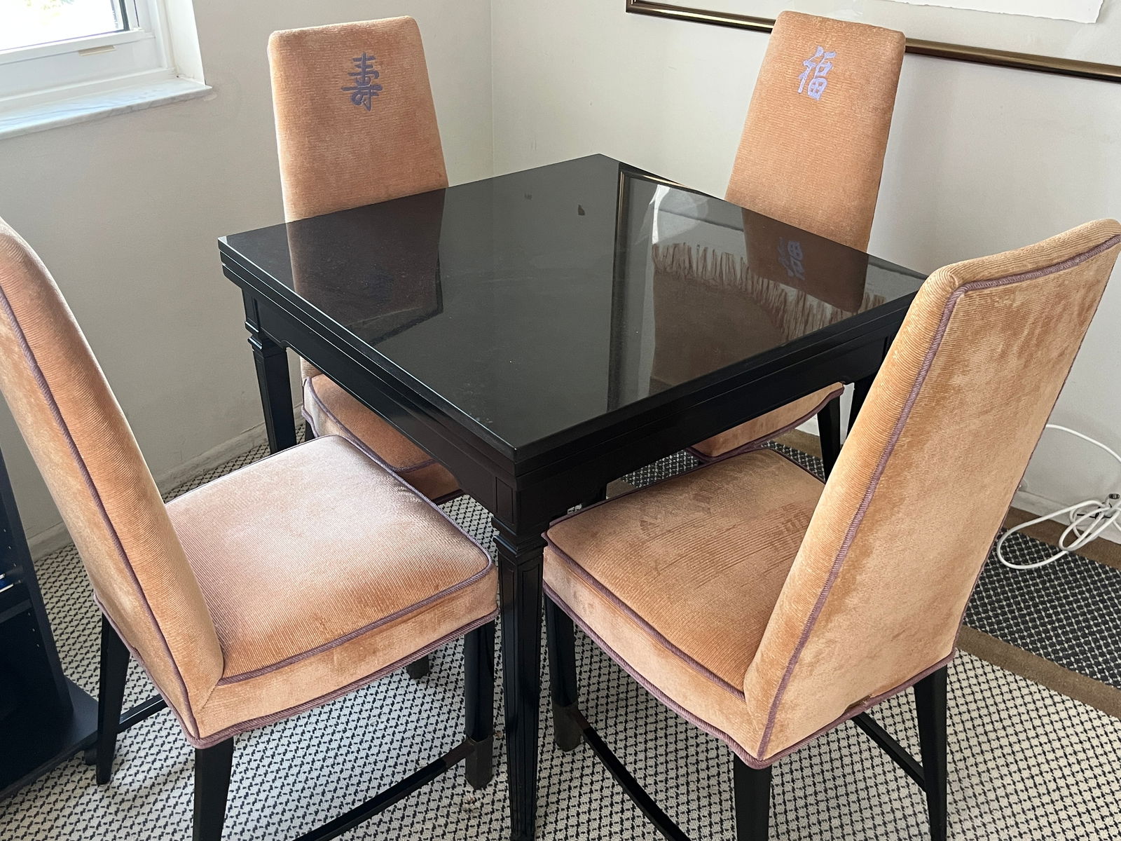 Black Lacquer Gaming Table w/4-Chairs, Table Folds Out to Double Size, Added Granite Top (1 of 5)