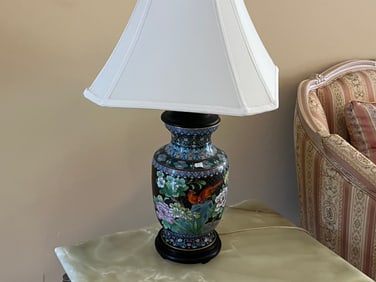 Pair Blue Chinese Cloisonee Enamel Bird Lamps