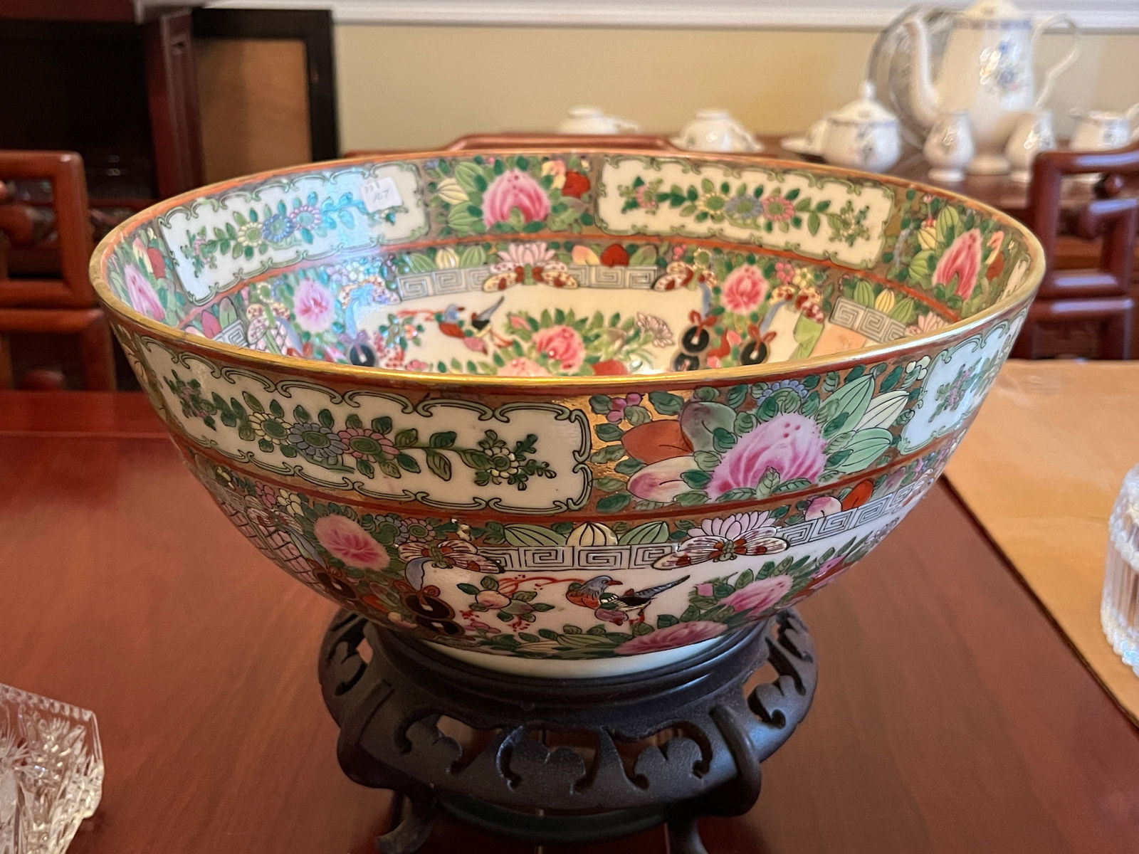 Chinese Famille Rose Porcelain Bow: Chinese Famille Rose Porcelain Bowl 5.75h x 12dia. On Teak Base