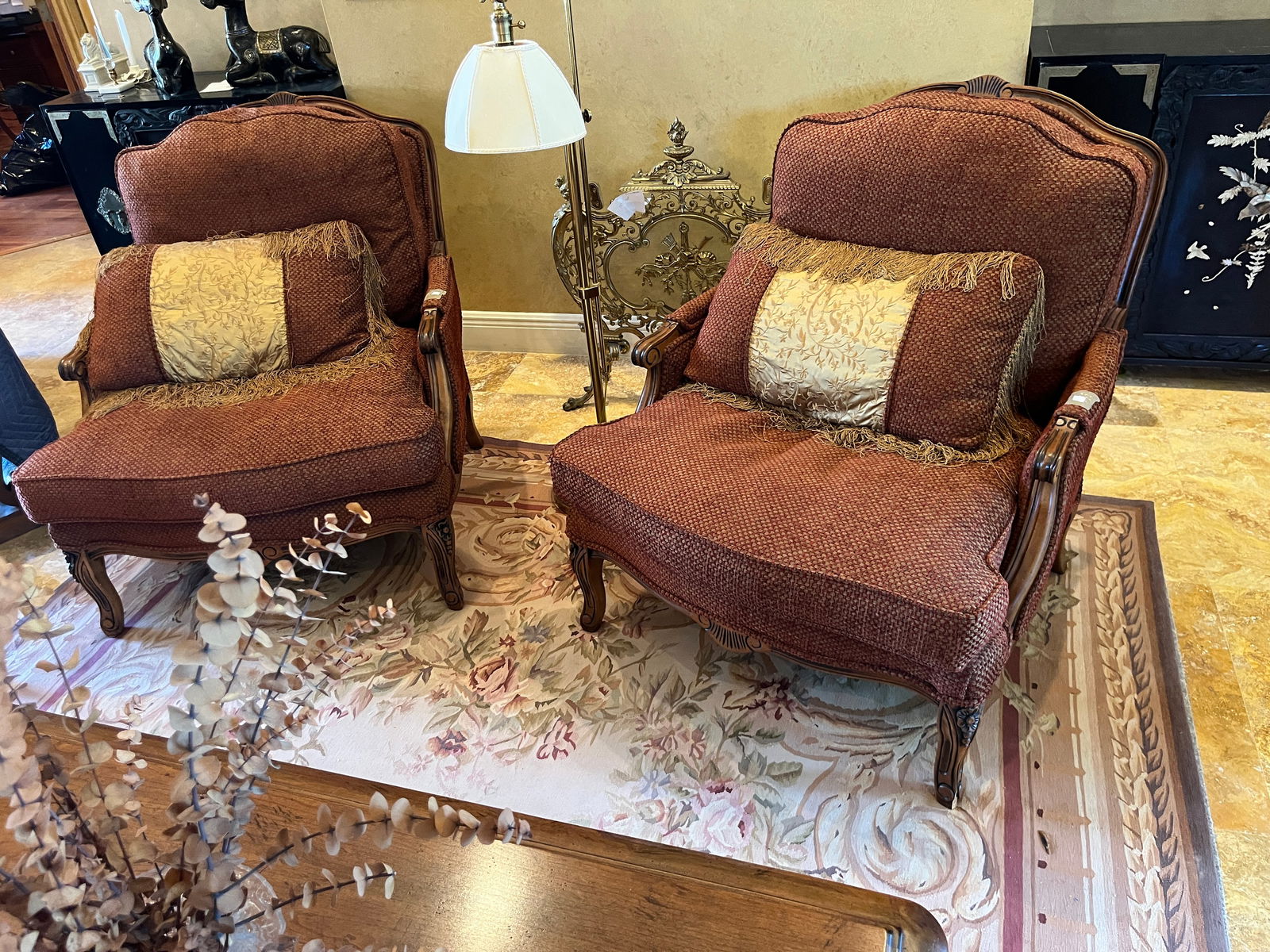 (2) French Bergere Chairs: (2) French Fruitwood Bergere Chairs, 36h x 32w x 39d. Very, Very Comfortable!