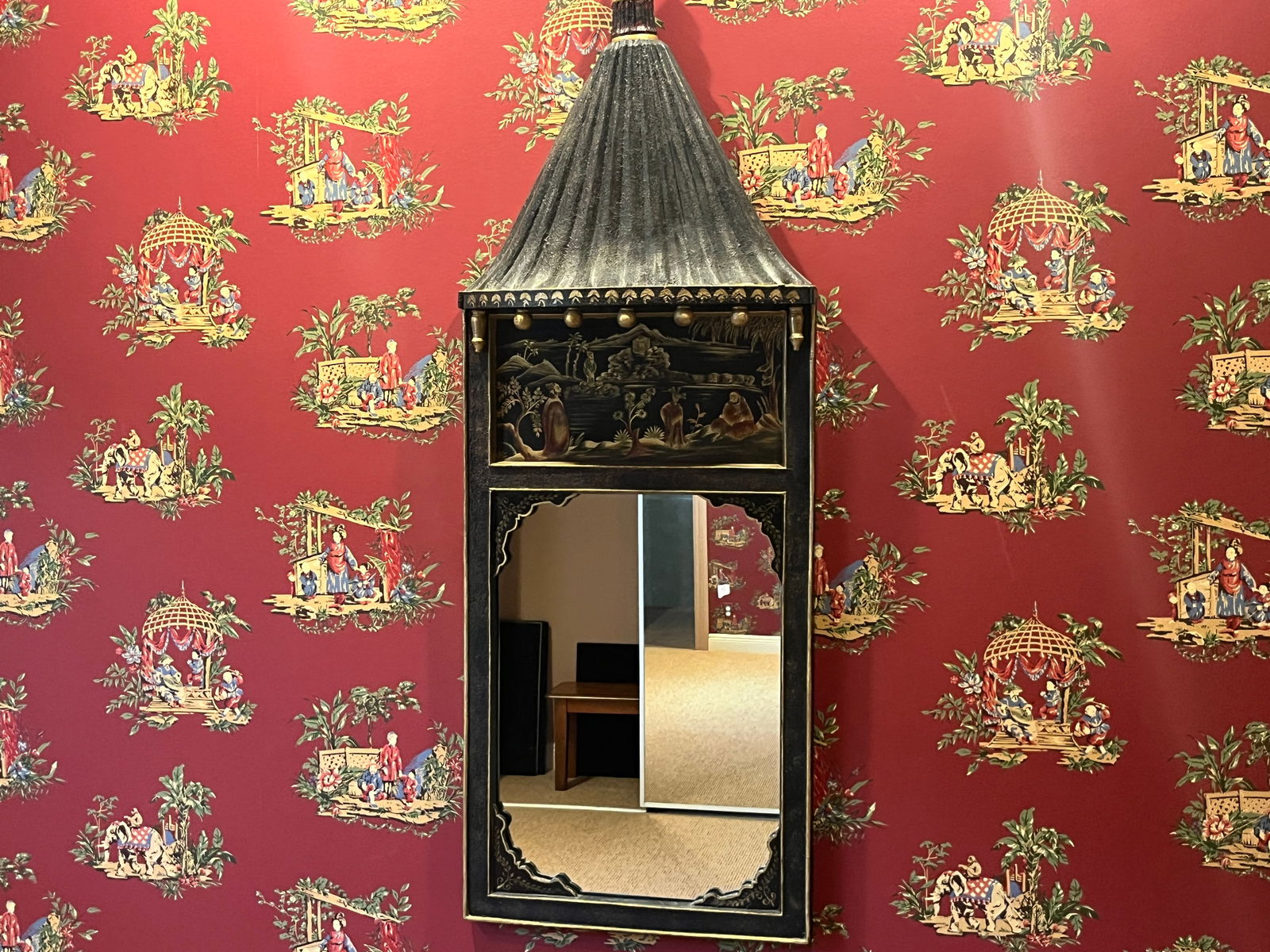 VTG Mid Century Black Chinoiserie Mirror w/Tassels (1 of 2)