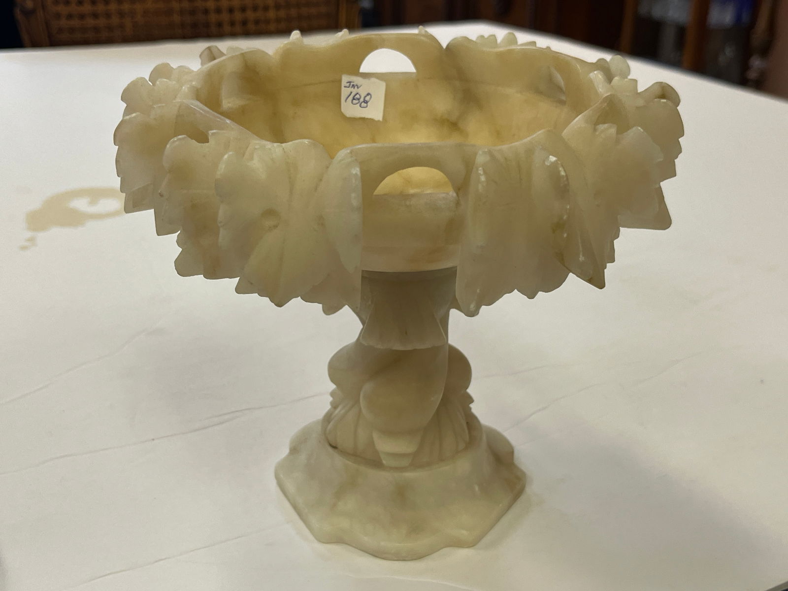 Italian Carved Alabaster Pedestal Bowl: VTG Italian Carved Alabaster Pedestal Bowl, 6h x 7dia.