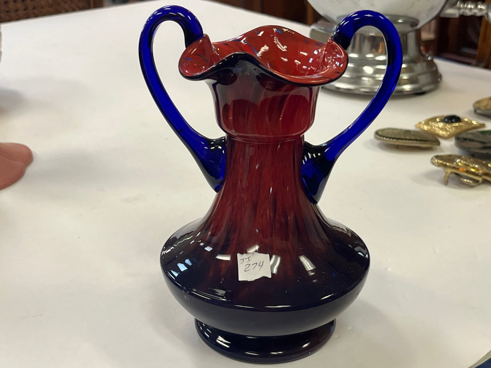 Czech Red Art Glass Vase/Cobalt Handles: Czech Red Art Glass Vase with Cobalt Handles