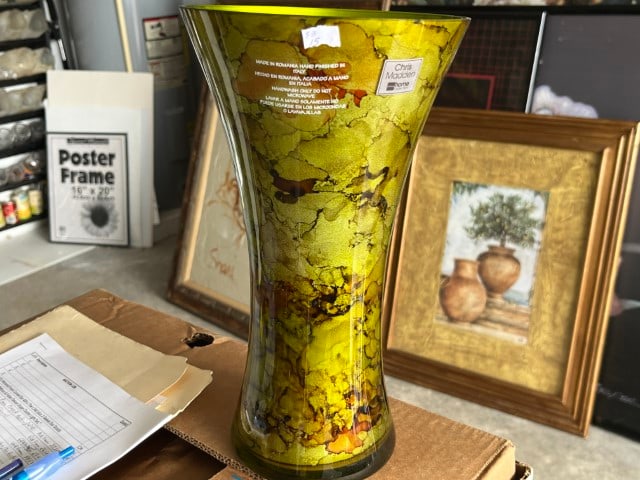 Chris Madden Hand Finished Green/Gold Vase: Chris Madden Hand Finished Green/Gold Vase, 11h x 6.5dia.
