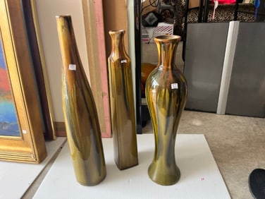 3-Decorative Greenish-Brown Vases