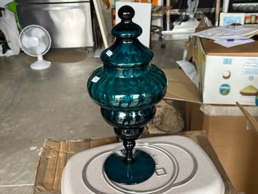 MCM Blue Art Glass Pedestal Dish with Lid