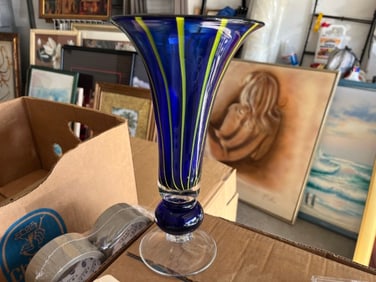 Cobalt with Green Stripes 12"h Art Glass Vase