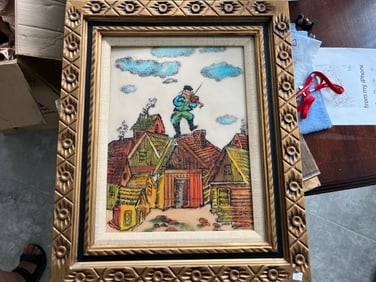VTG Artini Arts Inc. Engraving Jewish Fiddler on the Roof Hand Painted Etched 4d Framed Wall Art NY