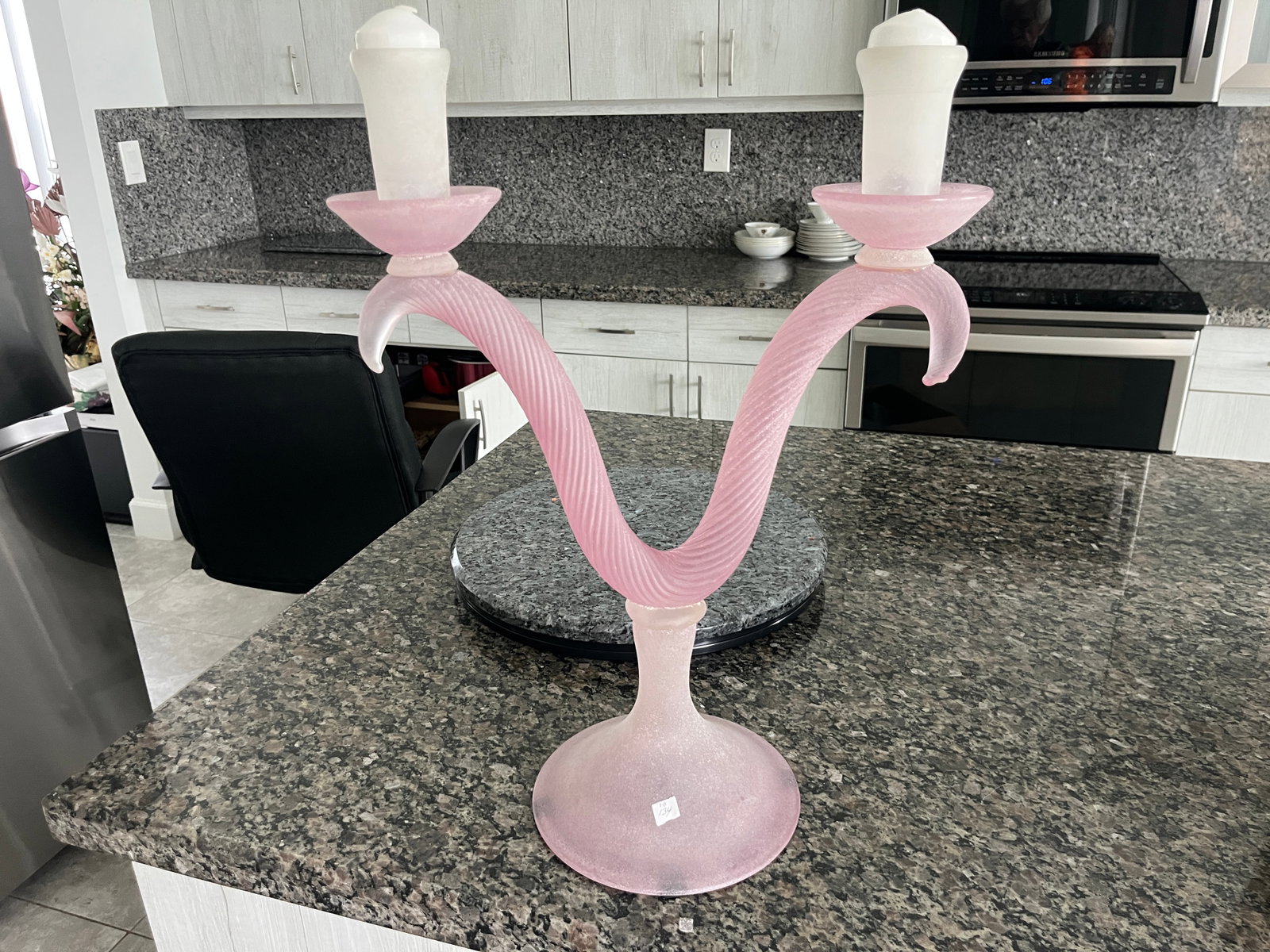 Pinkish Art Glass Double Candle Holder: Pinkish Art Glass Double Candle Holder, 17h x 15w x 7d