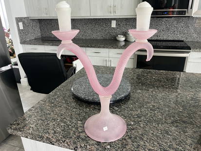 Pinkish Art Glass Double Candle Holder: Pinkish Art Glass Double Candle Holder, 17h x 15w x 7d