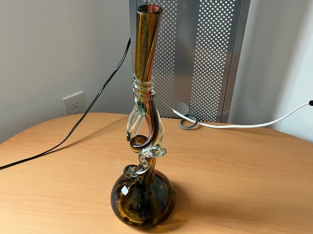 Hand Blown Amber with Clear Art Glass Bud Vase: Hand Blown Amber with Clear Art Glass Bud Vase, 19h x 6dia.