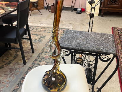 Hand Blown Amber with Clear Art Glass Bud Vase: Hand Blown Amber with Clear Art Glass Bud Vase, 19h x 6dia.