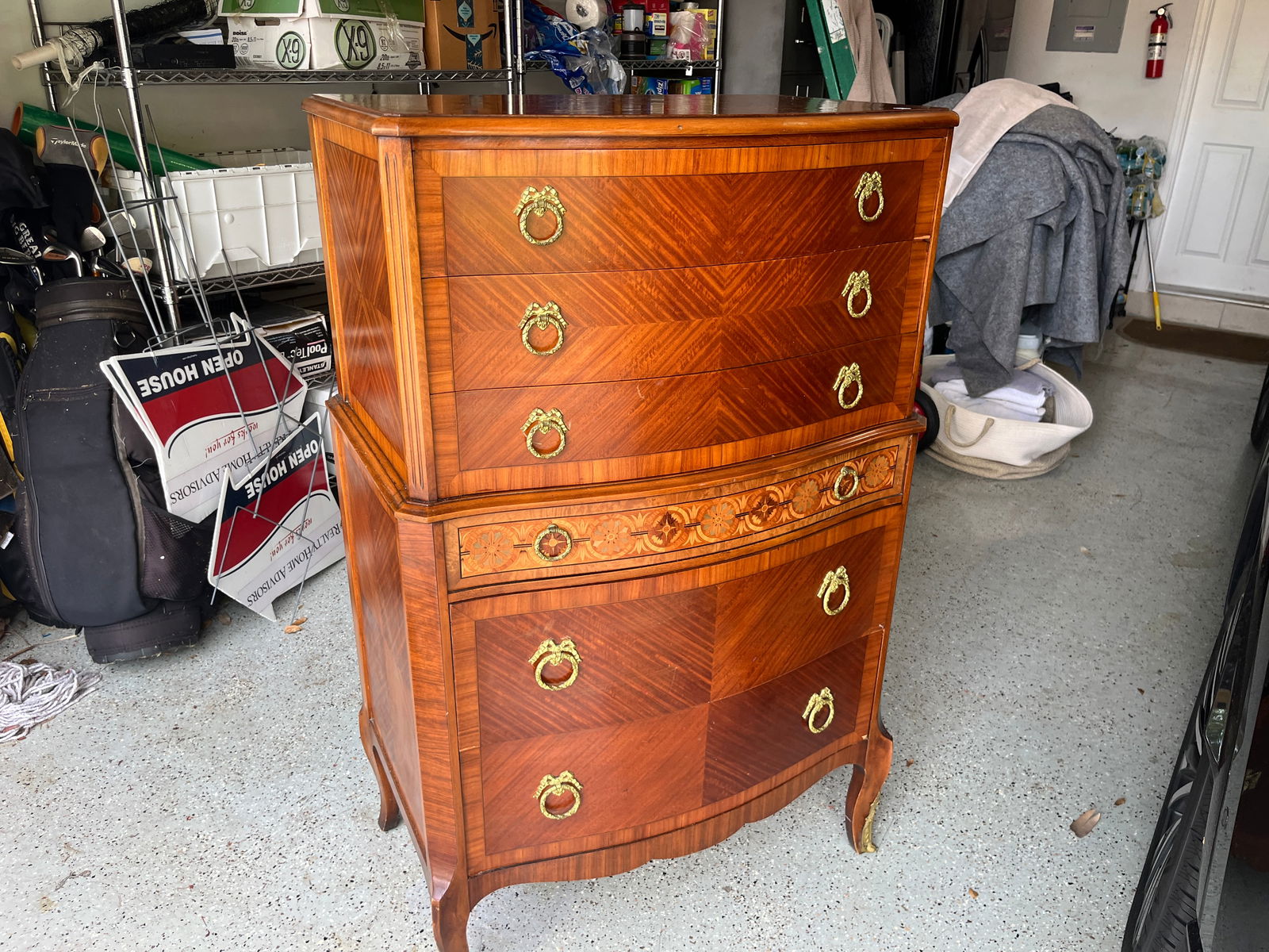 French Mahogany Inlaid Highboy Dresser: French Mahogany Inlaid Highboy Dresser, 52h x 19w x 31d
