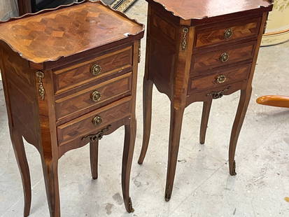 Pair French Inlaid Mahogany Nightsands: Pair French Inlaid Mahogany Nightstands, 27h x 13w x 10d