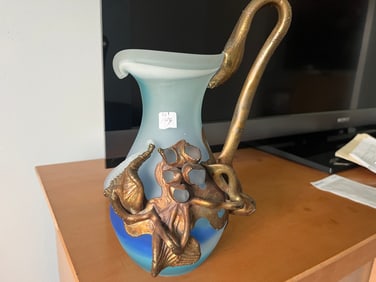 Hand Blown Multi-Tone Blue Vase w/attached Handle & Floral