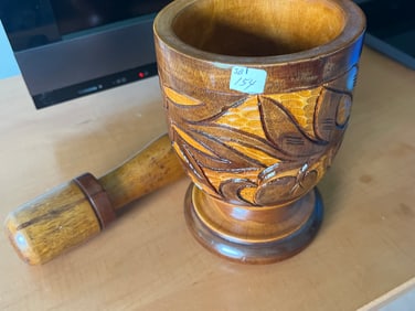 Wood Carved Pedestal & Motar