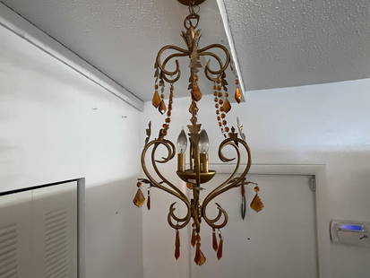 Gold Metal Hanging Amber Crystal Light: Mid to Early Century Gold Metal Frame Hanging Light with Amber Crystal