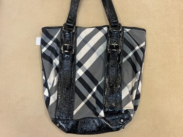 BURBERRY Black Beat Check Nylon & Patent Leather Victoria Tote Bag
