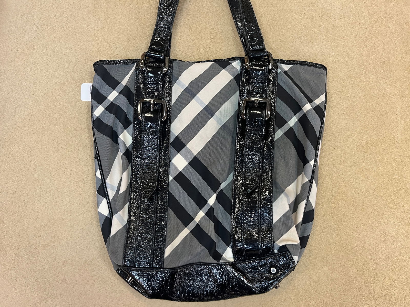 BURBERRY Black Beat Check Nylon & Patent Leather Victoria Tote Bag (1 of 3)