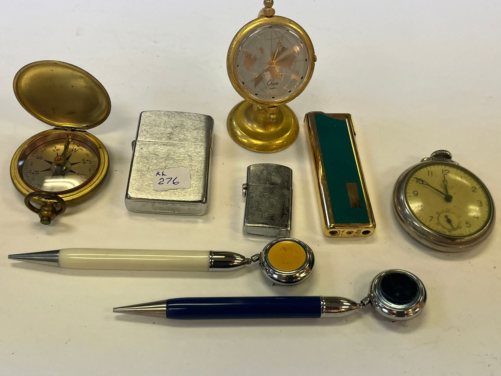 Bag Lot (Compass-Zippo-Pocket Watch-Broch w/Reel Pens) (1 of 2)