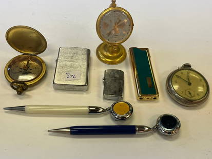 Bag Lot (Compass-Zippo-Pocket Watch-Broch w/Reel Pens): Bag Lot (Compass-Zippo-Pocket Watch-Broch w/Reel Pens)