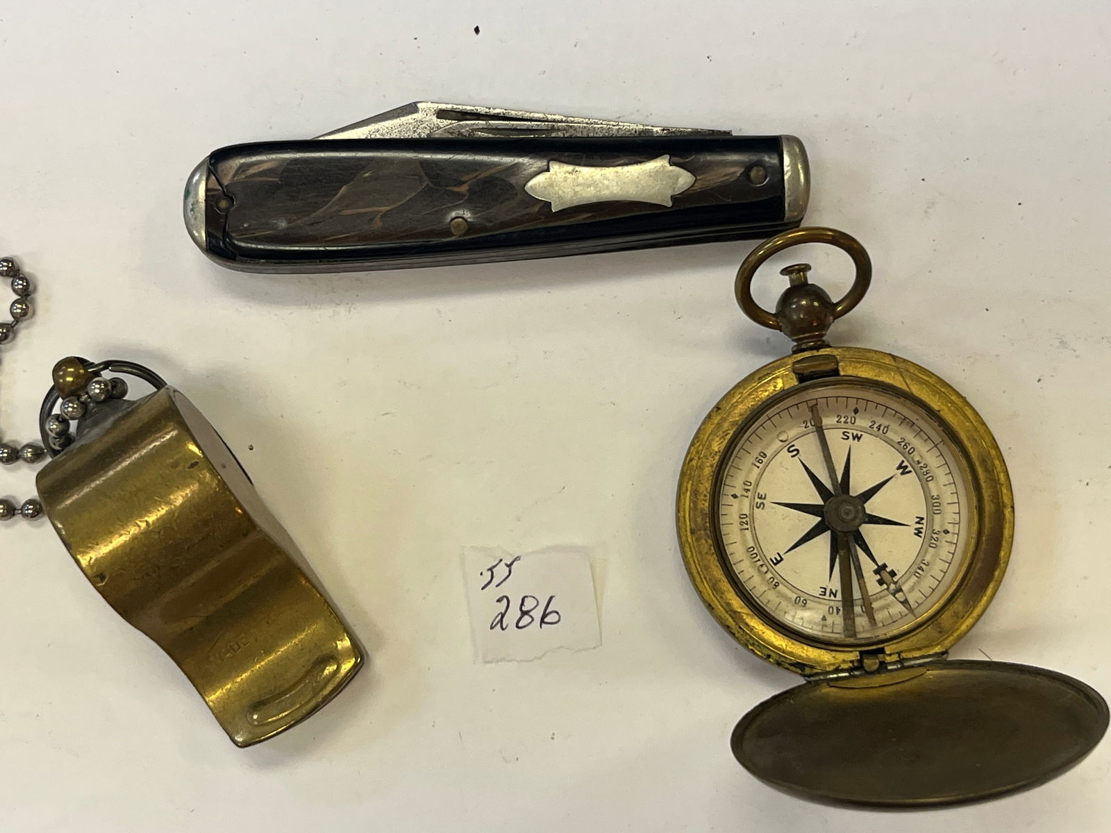 Bag Lot, US Military Compass-Millitary Brass Whistle-Pocket Knife (1 of 1)