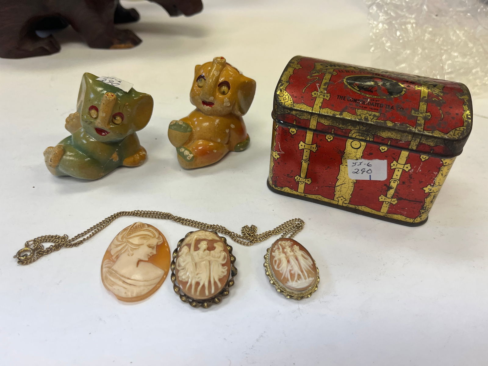 Bag Lot, 3-Cameos-2 Chalkware Elephants-Tea Can (1 of 3)