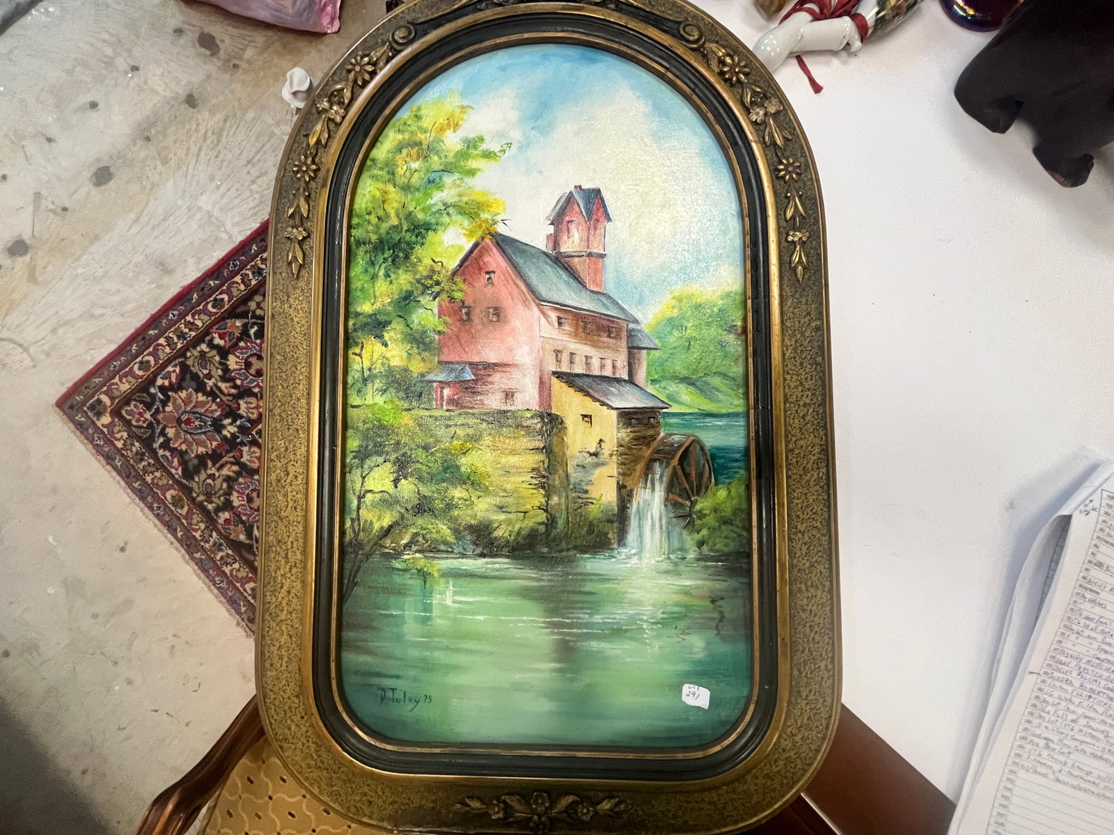 Oil/Panel 'House w/Water Wheel' signed LL, D. Tuley '73, 19x11: Oil/Panel 'House w/Water Wheel' signed LL, D. Tuley '73, 19x11
