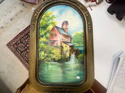 Oil/Panel 'House w/Water Wheel' signed LL, D. Tuley '73, 19x11: Oil/Panel 'House w/Water Wheel' signed LL, D. Tuley '73, 19x11