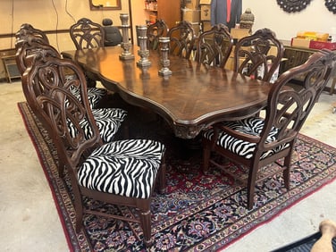 Burl Walnut Inlaid Dining Room Table, 2-leaf, 10-Chairs