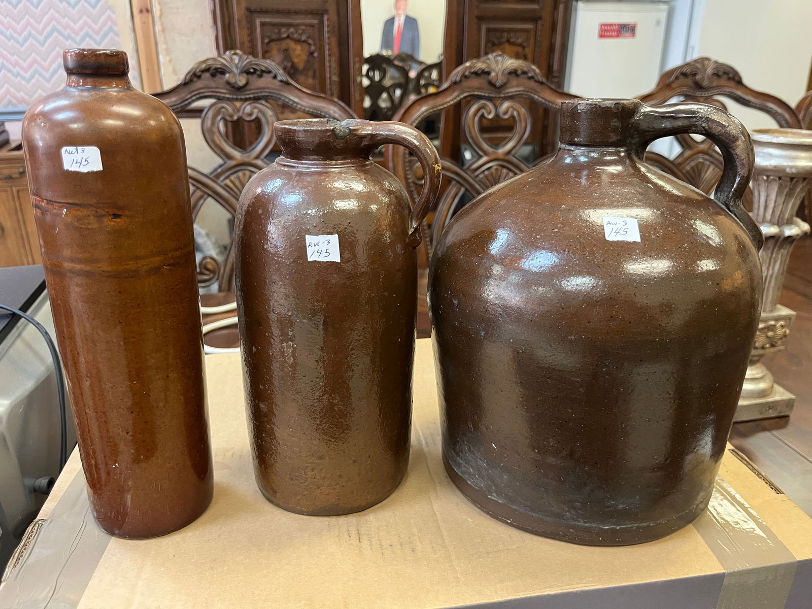 2-Unlike Antique Stoneware Jugs: 2-Unlike Antique Stoneware Jugs, (Was 3 but, someone knocked one over and broke it so, if you made a bid, you can retract it if need be)