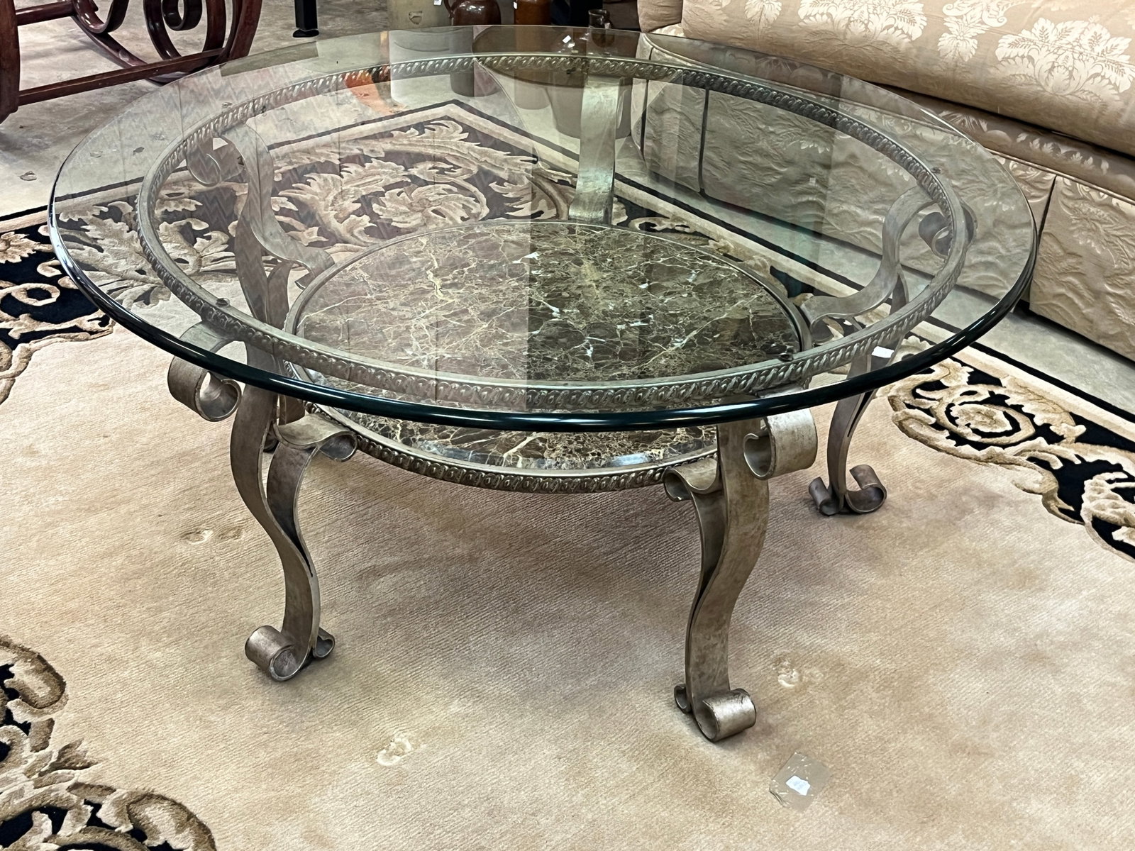 Forturnoff Glass & Marble Iron Base 44"dia. Table,: Forturnoff Glass & Marble Iron Base 44"dia. Table, 20"h